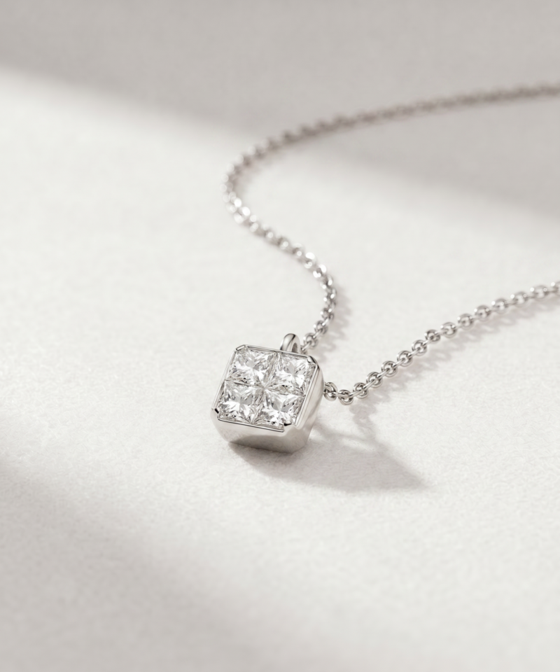 Alternative view of Princess-Cut Diamond Square Necklace in K18 White Gold