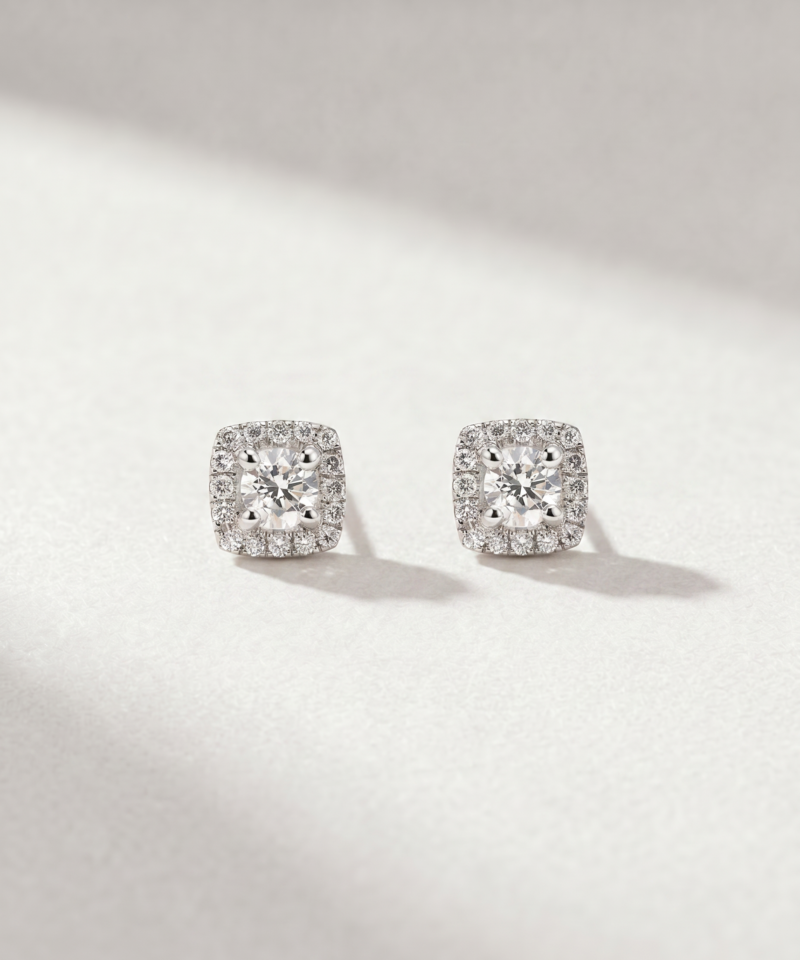 Round-Cut Diamond Cushion Halo Stud Earrings in K18 White Gold