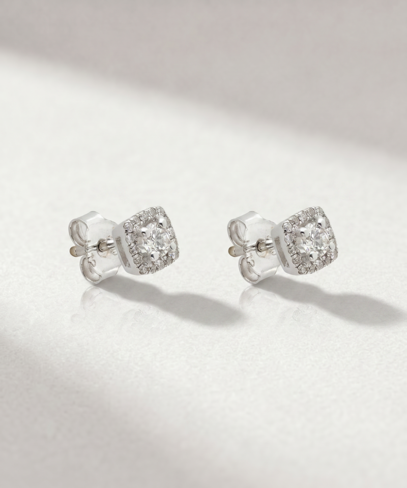 Alternative view of Round-Cut Diamond Cushion Halo Stud Earrings in K18 White Gold