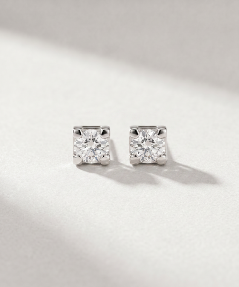 Round-Cut Diamond Square Stud Earrings in K18 White Gold