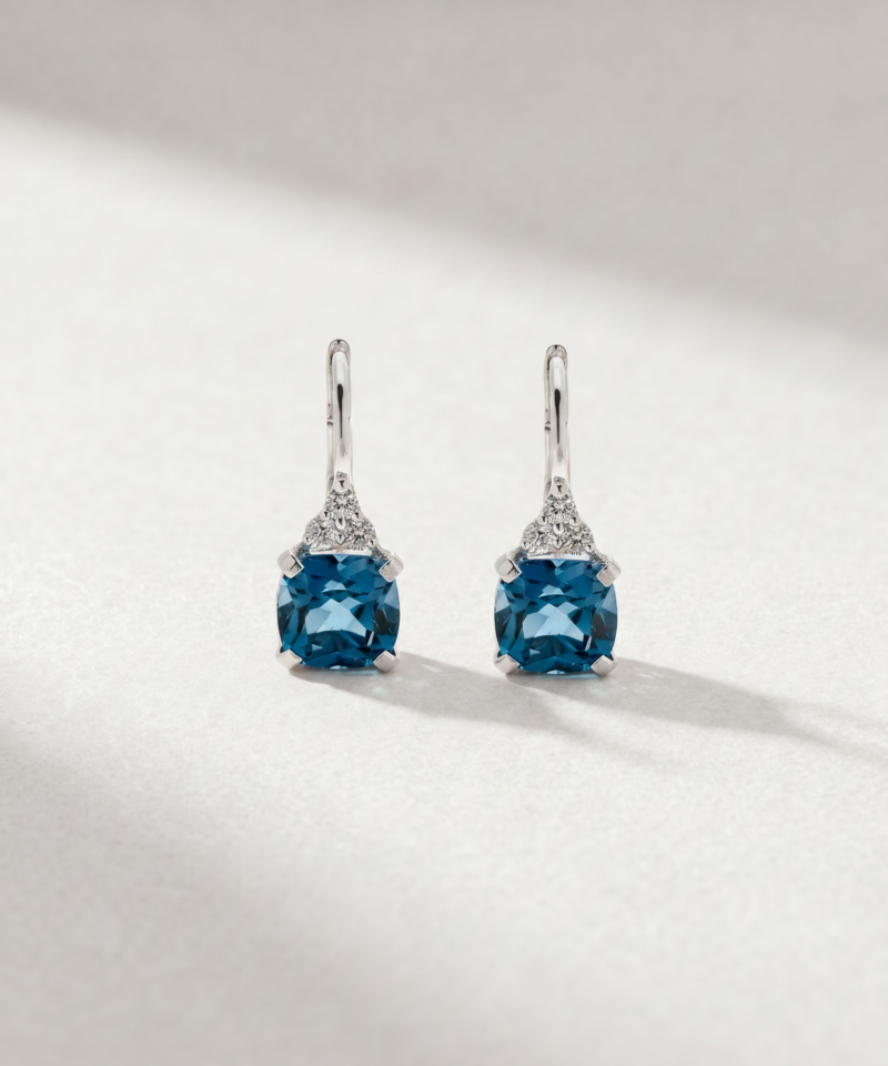 Cushion-Cut London Blue Topaz & Diamond Drop Earrings in K18 White Gold