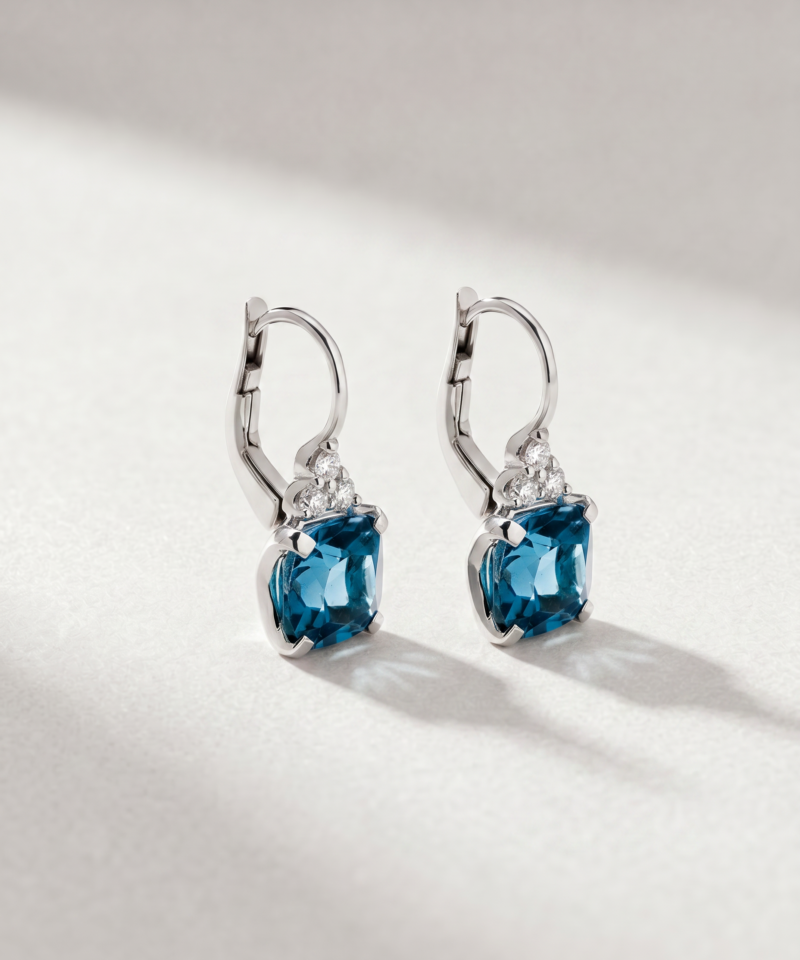Alternative view of Cushion-Cut London Blue Topaz & Diamond Drop Earrings in K18 White Gold