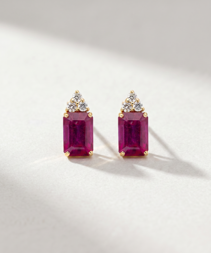 Emerald-Cut Ruby & Diamond Stud Earrings in K18 Yellow Gold