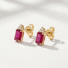 Emerald-Cut Ruby & Diamond Stud Earrings in K18 Yellow Gold - Image 2