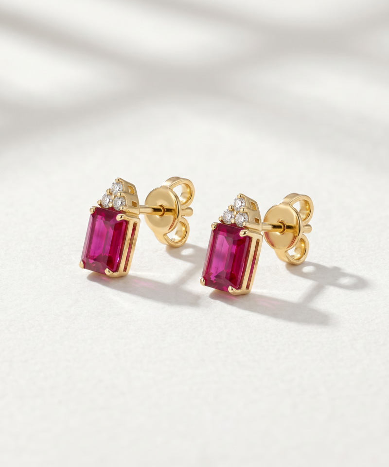 Alternative view of Emerald-Cut Ruby & Diamond Stud Earrings in K18 Yellow Gold