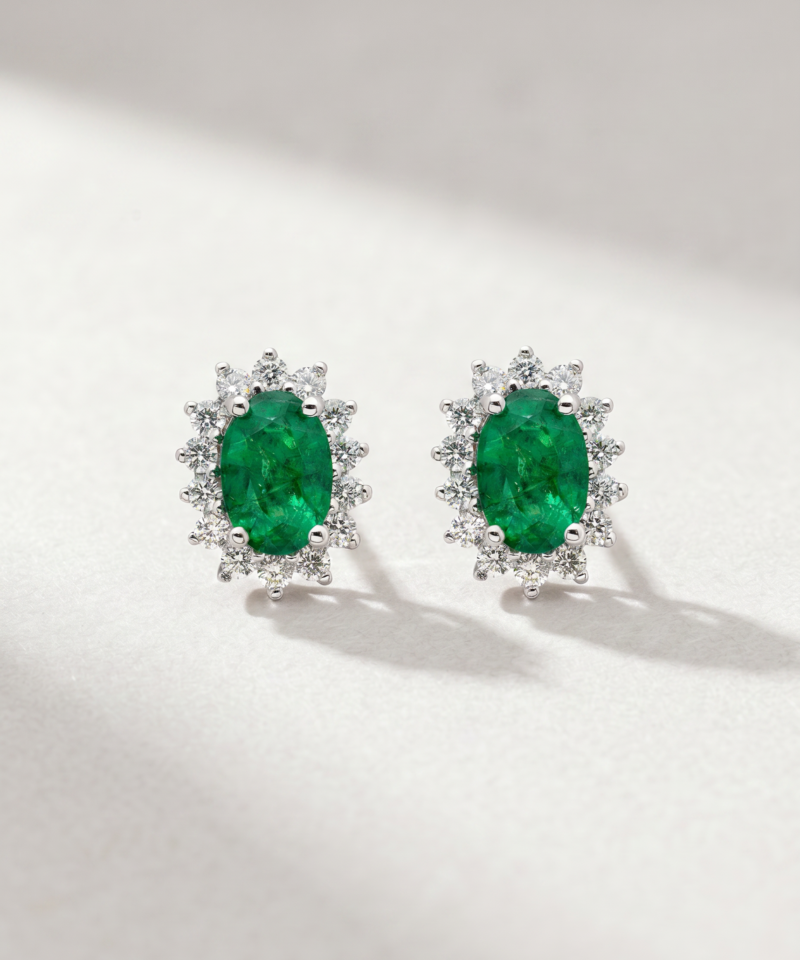 Oval-Cut Emerald & Diamond Halo Stud Earrings in K18 White Gold