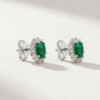 Oval-Cut Emerald & Diamond Halo Stud Earrings in K18 White Gold - Image 2