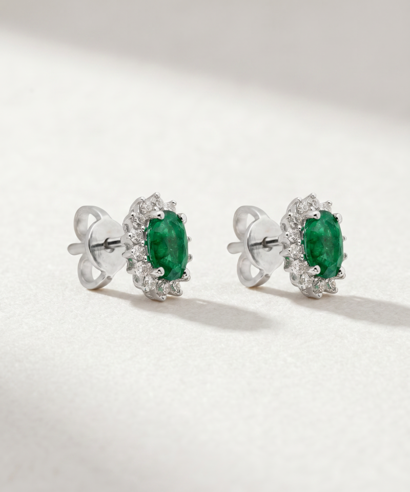 Alternative view of Oval-Cut Emerald & Diamond Halo Stud Earrings in K18 White Gold