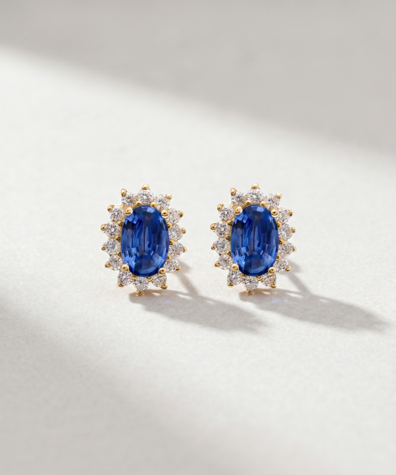 Oval-Cut Sapphire & Diamond Cluster Earrings in K18 Yellow Gold