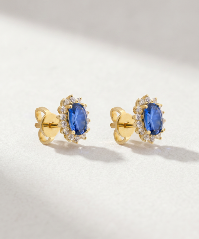 Alternative view of Oval-Cut Sapphire & Diamond Cluster Earrings in K18 Yellow Gold
