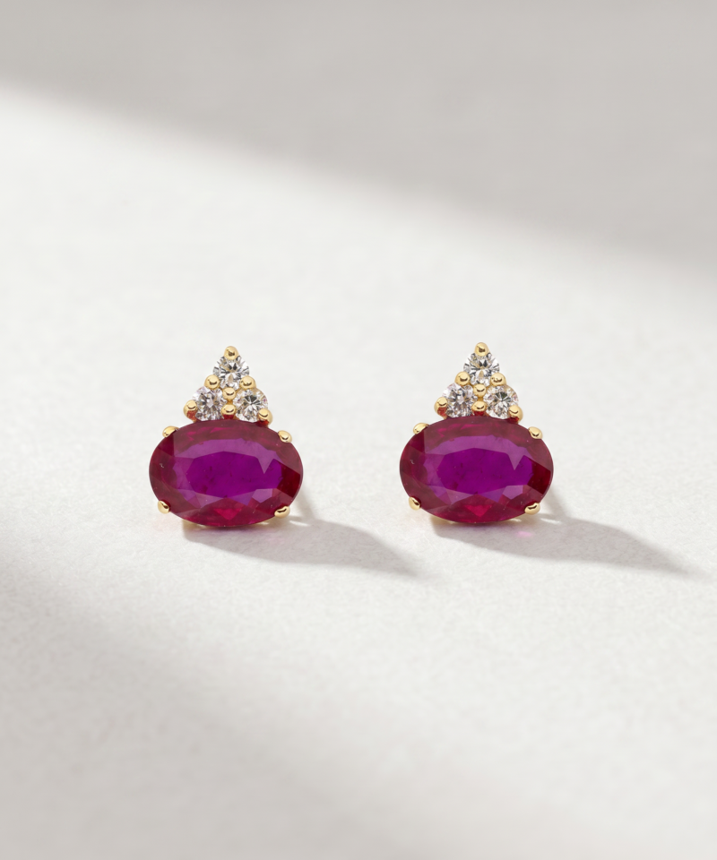 Oval-Cut Ruby & Diamond Stud Earrings in K18 Yellow Gold