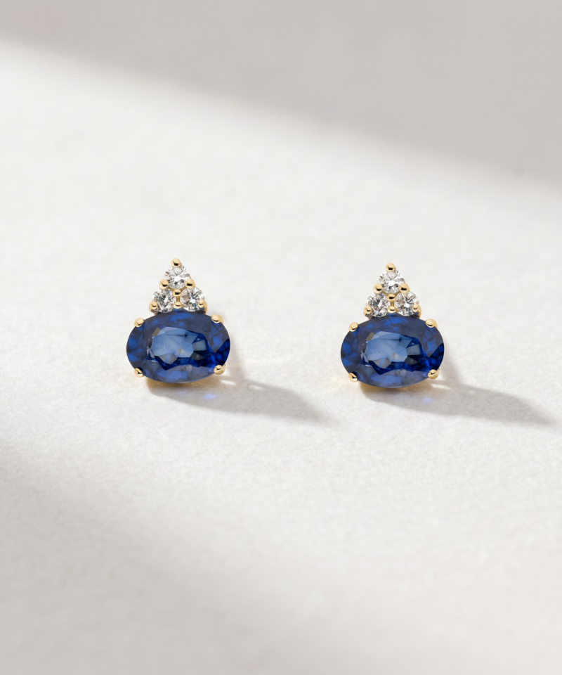Oval-Cut Sapphire & Diamond Stud Earrings in K18 Yellow Gold