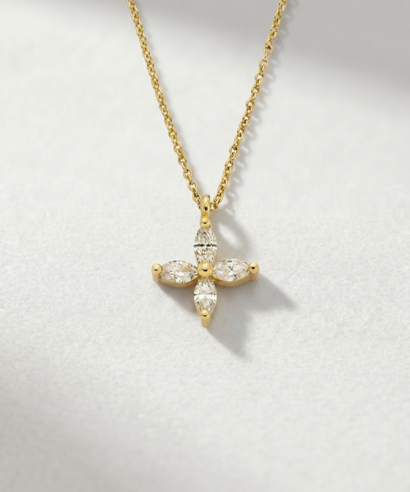 Marquise-Cut Diamond Cross Necklace in K18 Yellow Gold