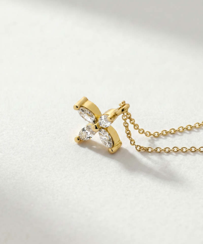 Alternative view of Marquise-Cut Diamond Cross Necklace in K18 Yellow Gold