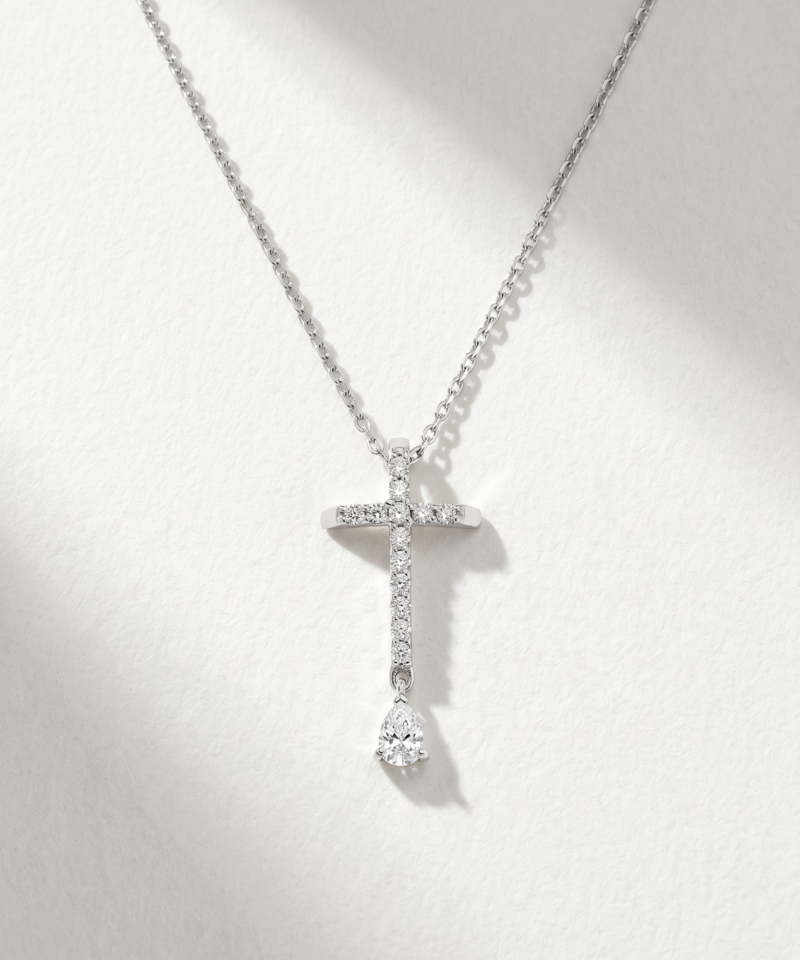 Diamond Cross Necklace with Pear-Shaped Drop in K18 White Gold