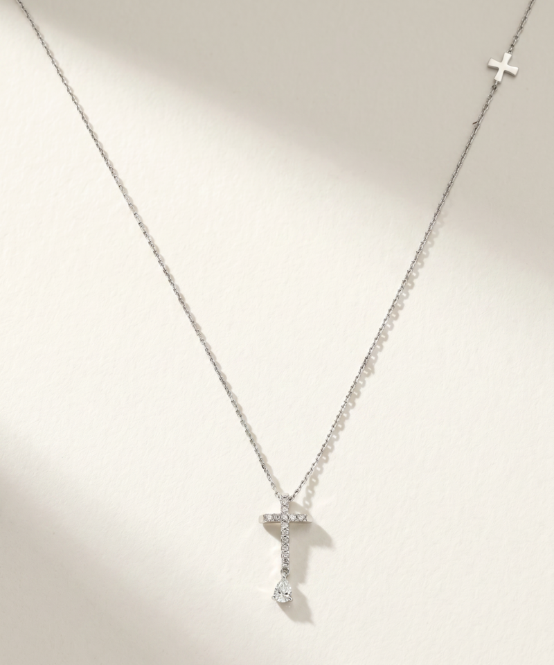 Alternative view of Diamond Cross Necklace with Pear-Shaped Drop in K18 White Gold