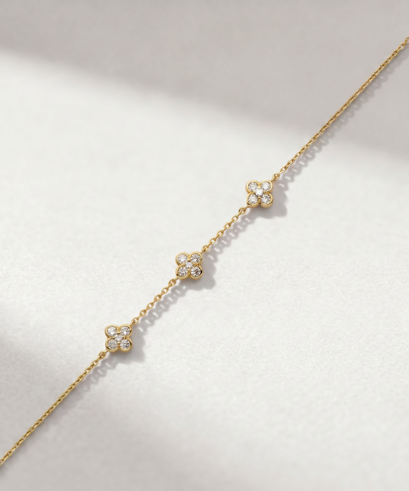 Triple Diamond Floral Bracelet in K14 Yellow Gold