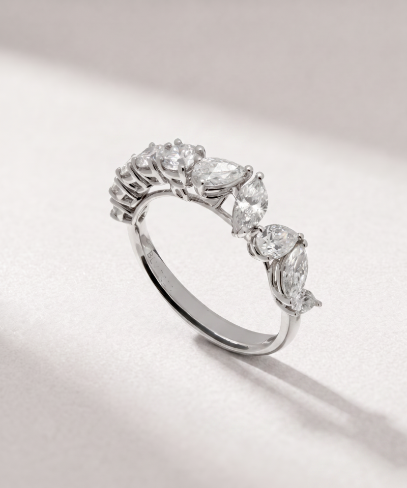 Opposite angled view of the mixed-cut diamond ring in K18 white gold