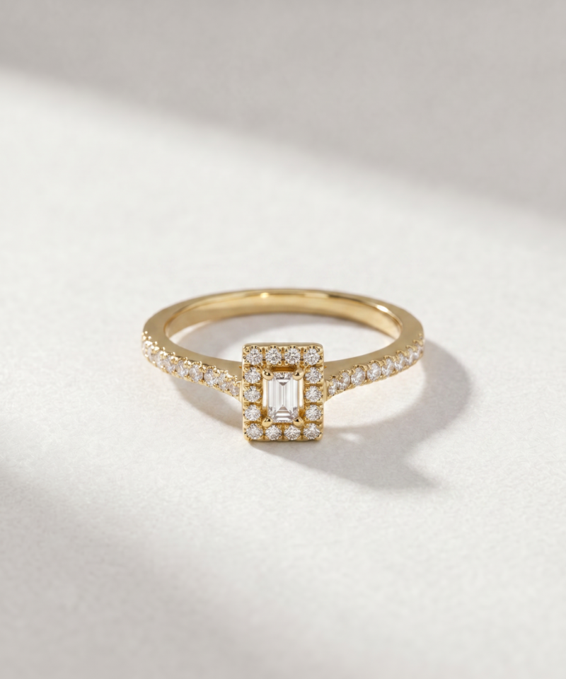 Baguette-cut diamond halo ring in K14 yellow gold