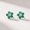 Emerald and diamond flower earrings in K18 white gold with round-cut stones