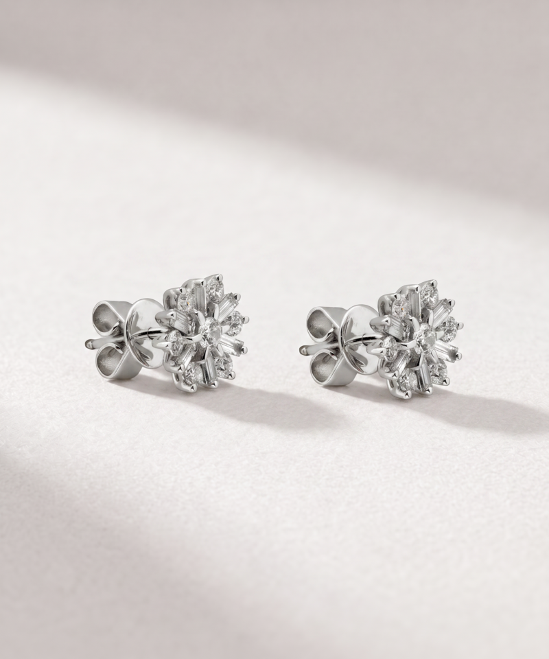 Side view of K18 white gold diamond cluster earrings with butterfly backs
