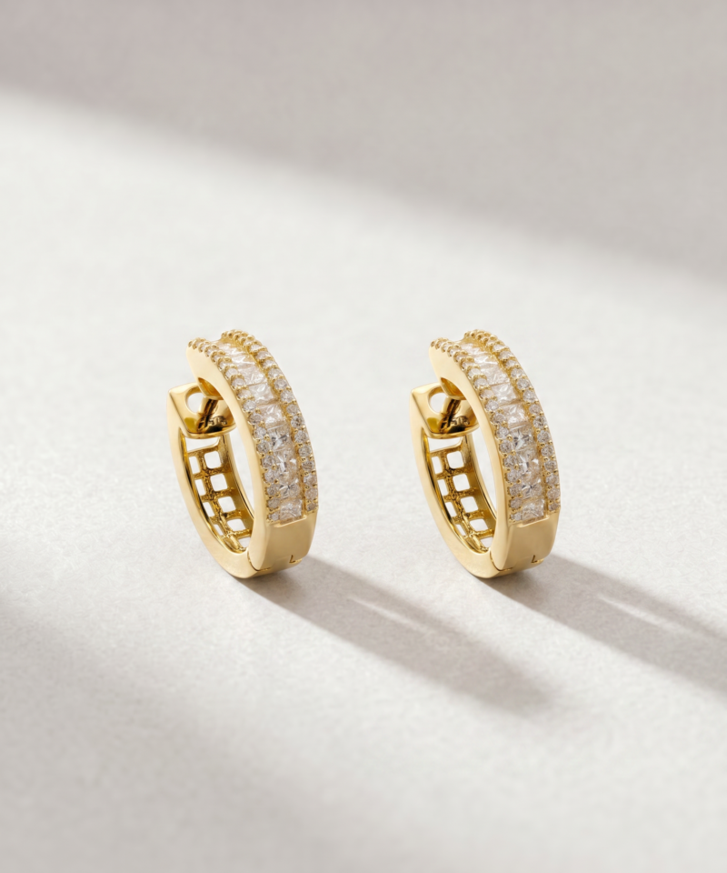 Princess and round diamond hoop earrings in K18 yellow gold