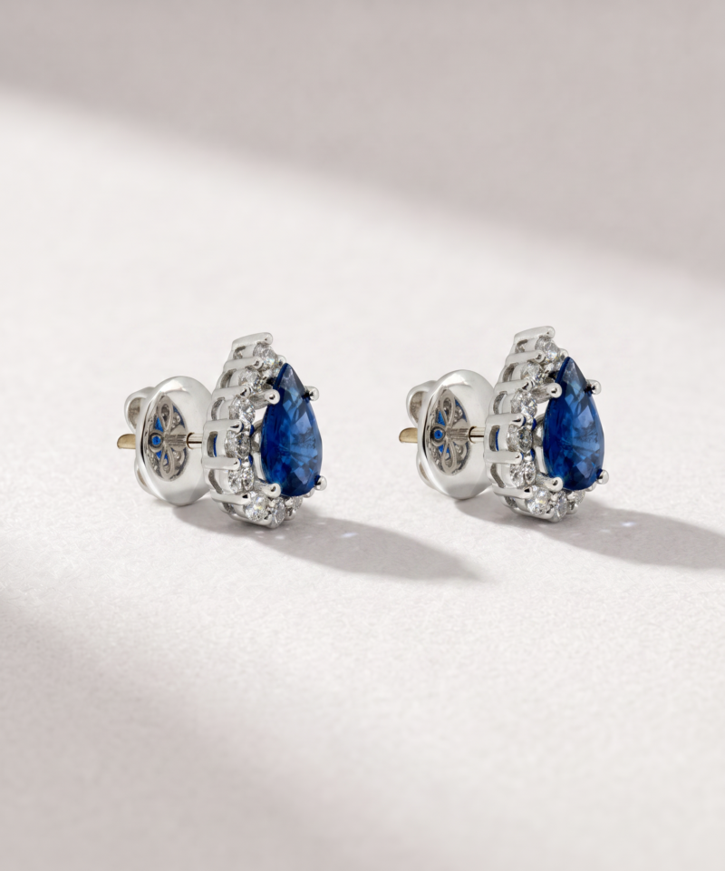 Alternative view of Pear-Cut Sapphire & Diamond Halo Earrings in K18 White Gold