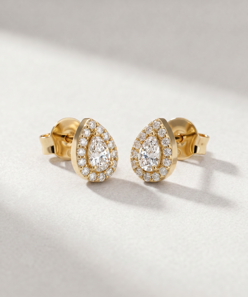 Pear-cut diamond halo stud earrings in K18 yellow gold