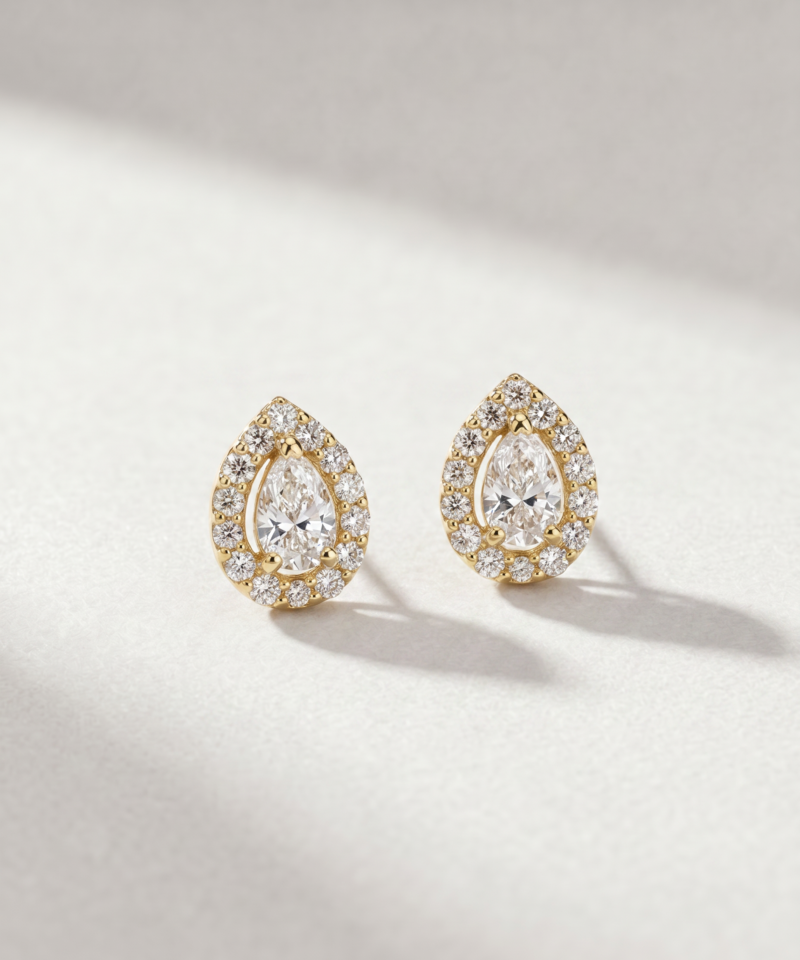 Pear-cut diamond halo stud earrings in K18 yellow gold