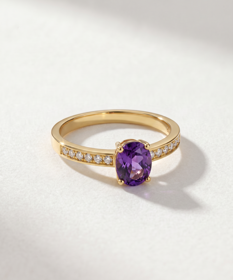 oval-cut amethyst and zirconia ring in K14 yellow gold