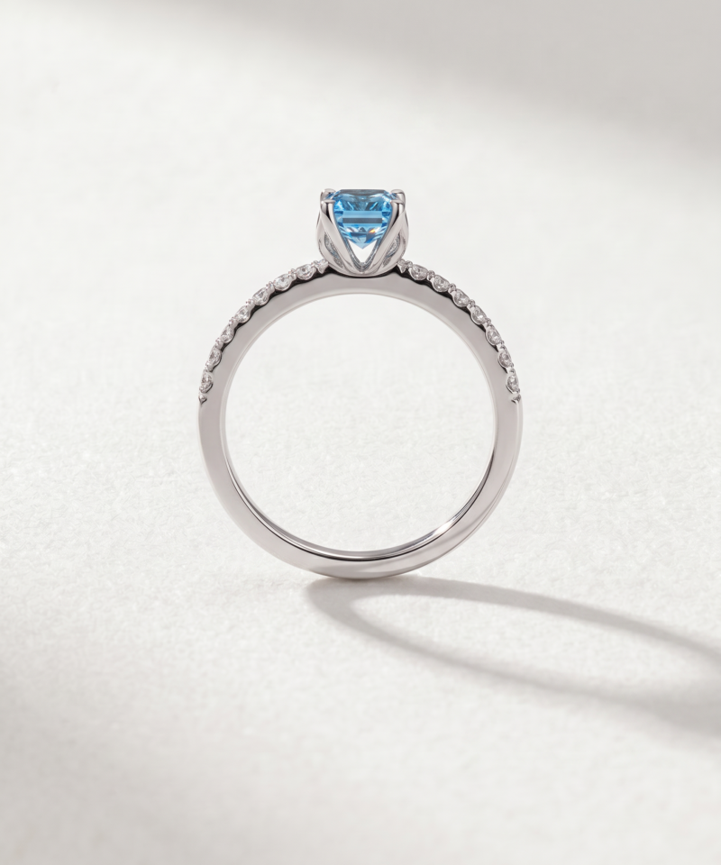 Emerald-Cut Blue Topaz Ring with Diamond Shoulders in K18 White Gold