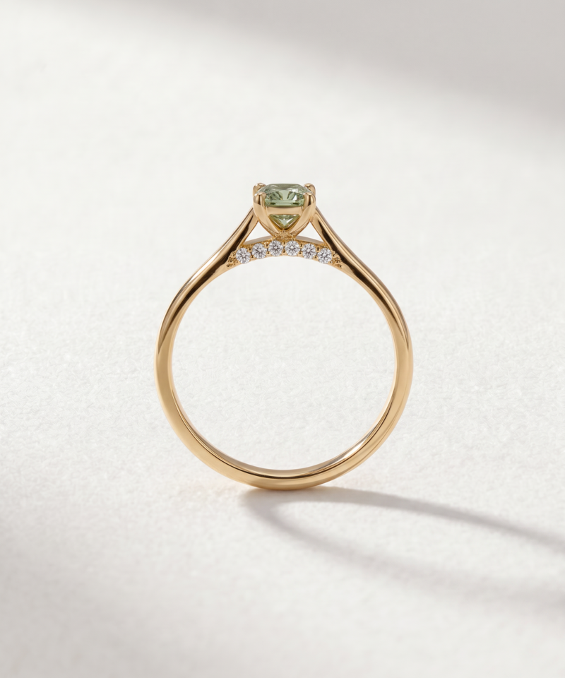 Profile view of a K18 yellow gold green diamond ring showing the hidden diamond halo