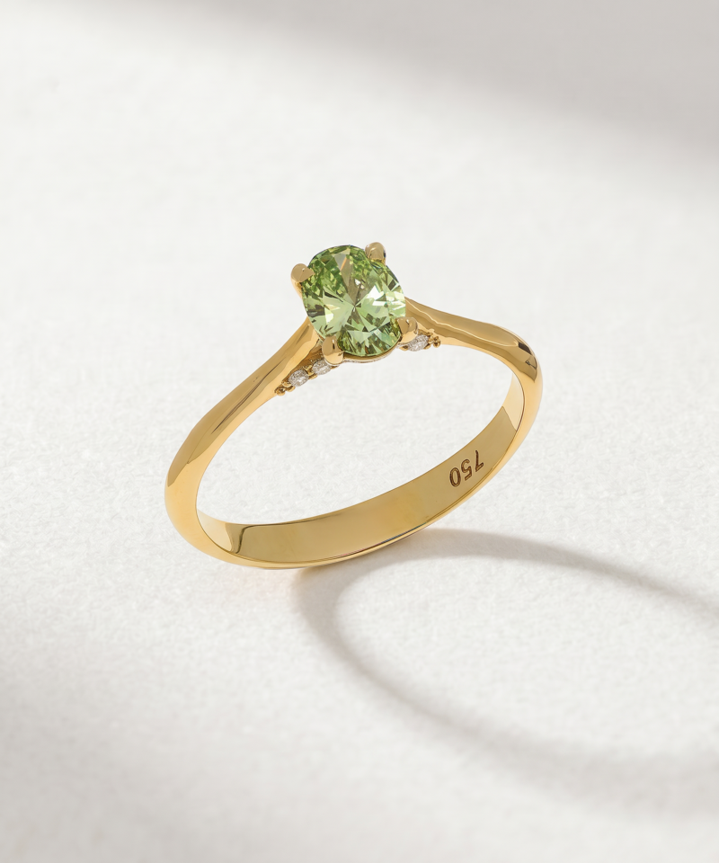 Oval-Cut Green Diamond Ring with Hidden Halo – Angled View